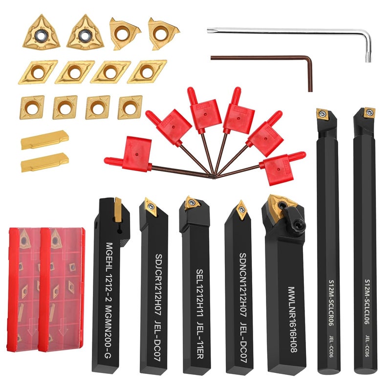 Joogto Indexable Lathe Turning Tool 21Pcs Kit 1/2'' 12mm Shank 7Pcs Carbide Turning Tool Holders with 14Pcs Tin Coated Turning Inserts Metal Lathe Tool Holder Set for Turning Grooving Threading Boring - Image 1